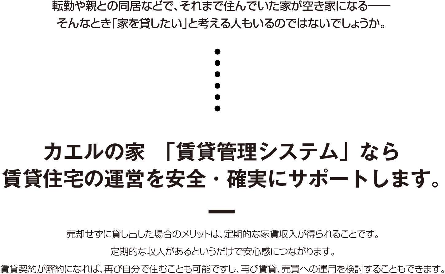 カエルの家「賃貸管理システム」なら賃貸住宅の運営を安全・確実にサポートします。